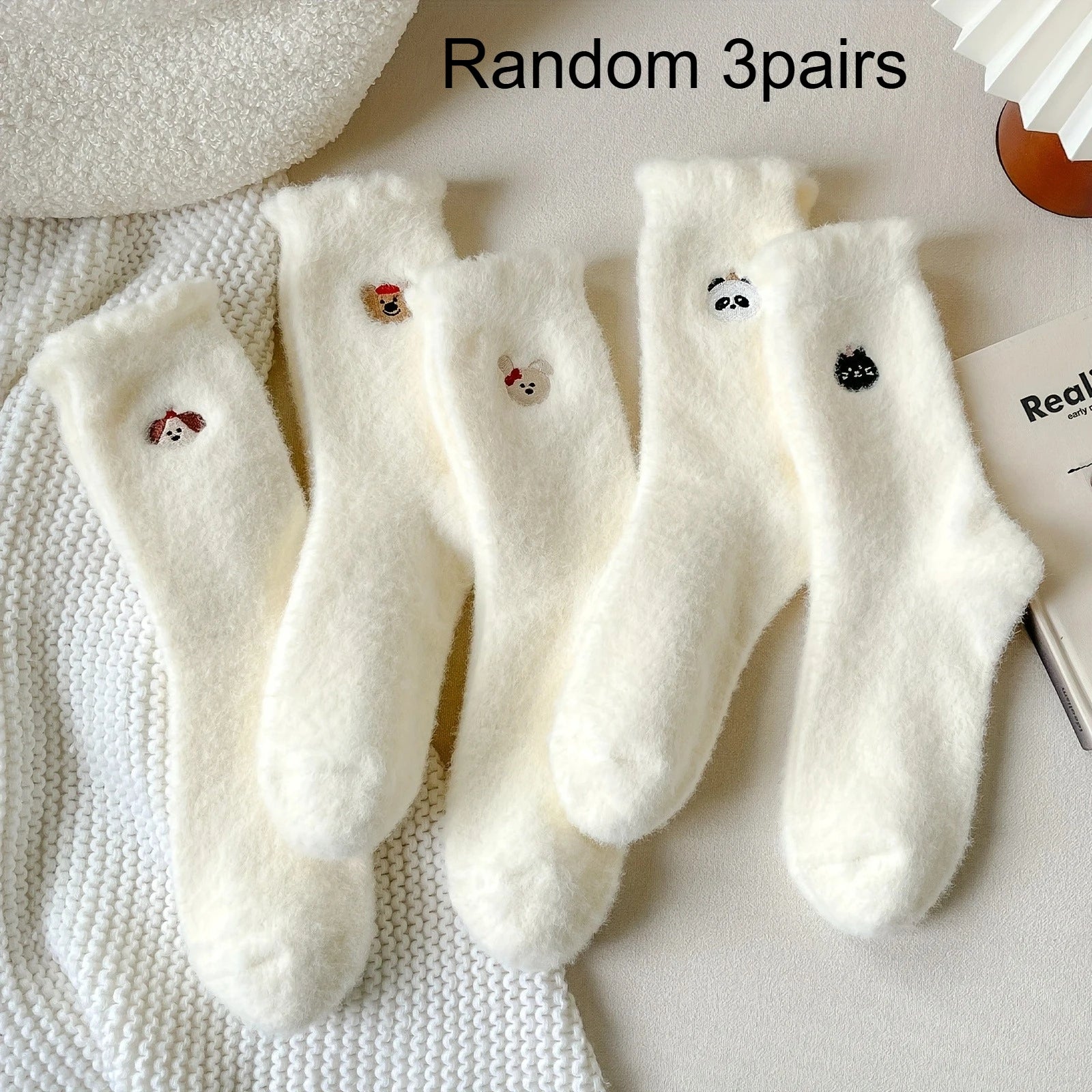 Women's Socks, Cute Animal Embroidered Plush Socks, Winter Warm Faux Mink Cashmere Cozy Sleep Floor Socks Qme Random 3pairs One Size