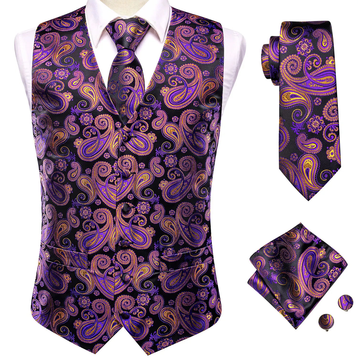 Mens Purple Suit Vest Tie Hanky Cufflinks Set Jacquard Floral Paisley Waistcoat Sleeveless Jacket for Male Wedding Busniess Qme MJTZ3020 M