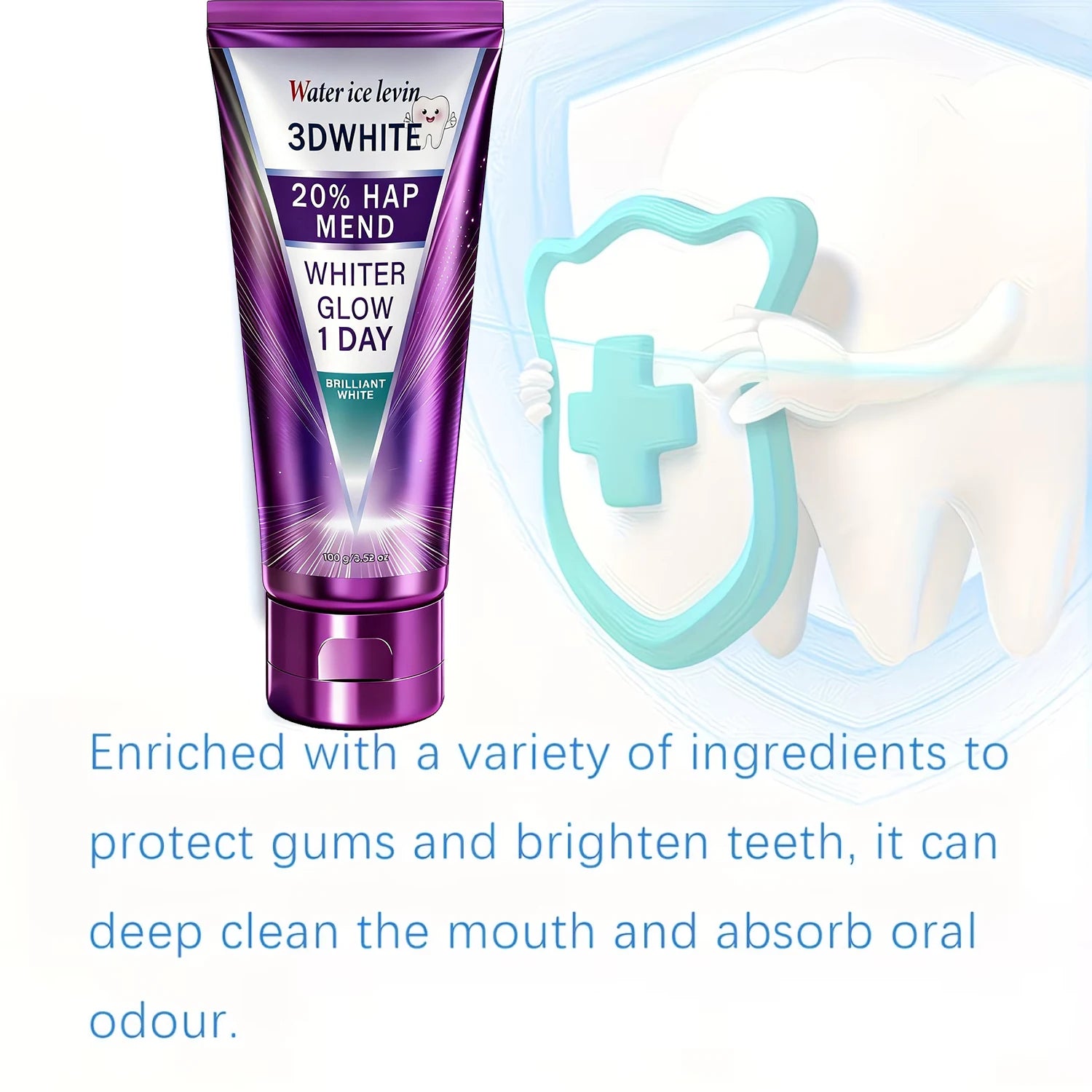 20% HAP 3D White Toothpaste - 1 Day Whiter Teeth, Deep Stain Remover, Cool Menthol for Fresh Breath & Strong Enamel Qme
