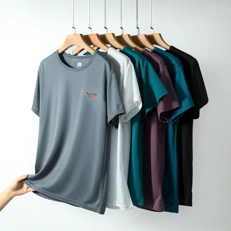 Summer Ice Silk T-shirt Men's Cold Short Sleeve O-neck Stretch Quick-drying Breathable Sports Shirt T Shirt Men Qme