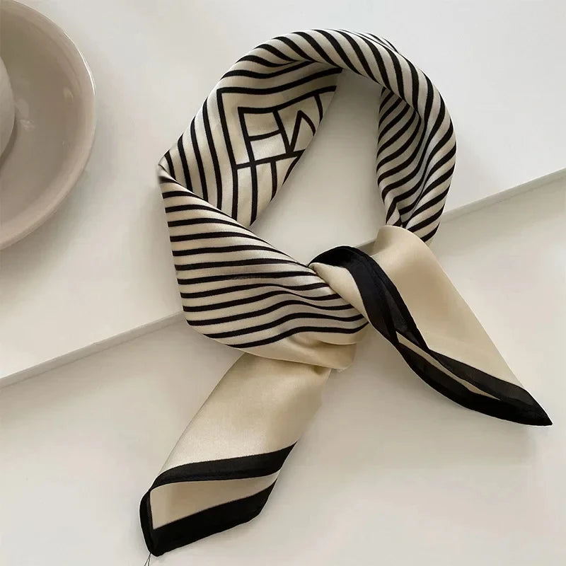 Women Silk Black and White Stripes Square Scarf Luxury Brand Female Beach Stoles Square Scarf Versatile for Spring Sum Qme