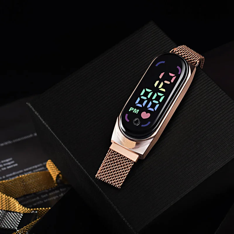 New Magnetic LED Electronic Watch, Student Sports Alloy Bracelet, Gift Children's Electronic Watch Qme