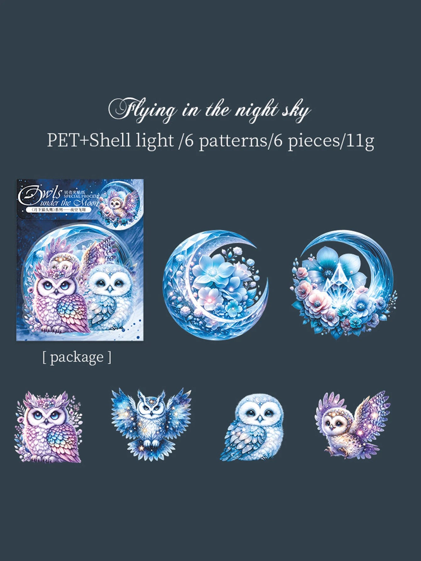 Sticker Pack 6pcs/bag PET Iridescent Owl Sticker Pack Handbook DIY Scrapbook & Journal Decoration Sticker Pack Qme 3
