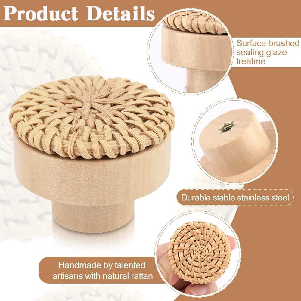 2-48pcs Rattan Wooden Handles Round Handmade Cabinets Drawer Pulls Wood Kitchen Cupboard Wardrobe Door Dresser Knobs Qme
