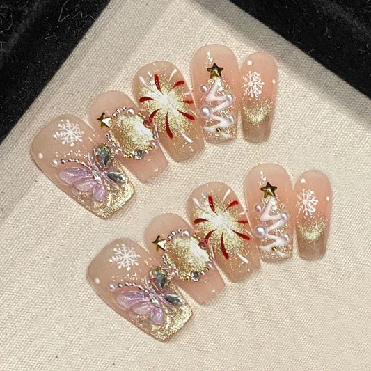 Cute Christmas Snowflake Deer Handmade Press Nails Cat Eye Short Qme GJ-CDJ-2688-S