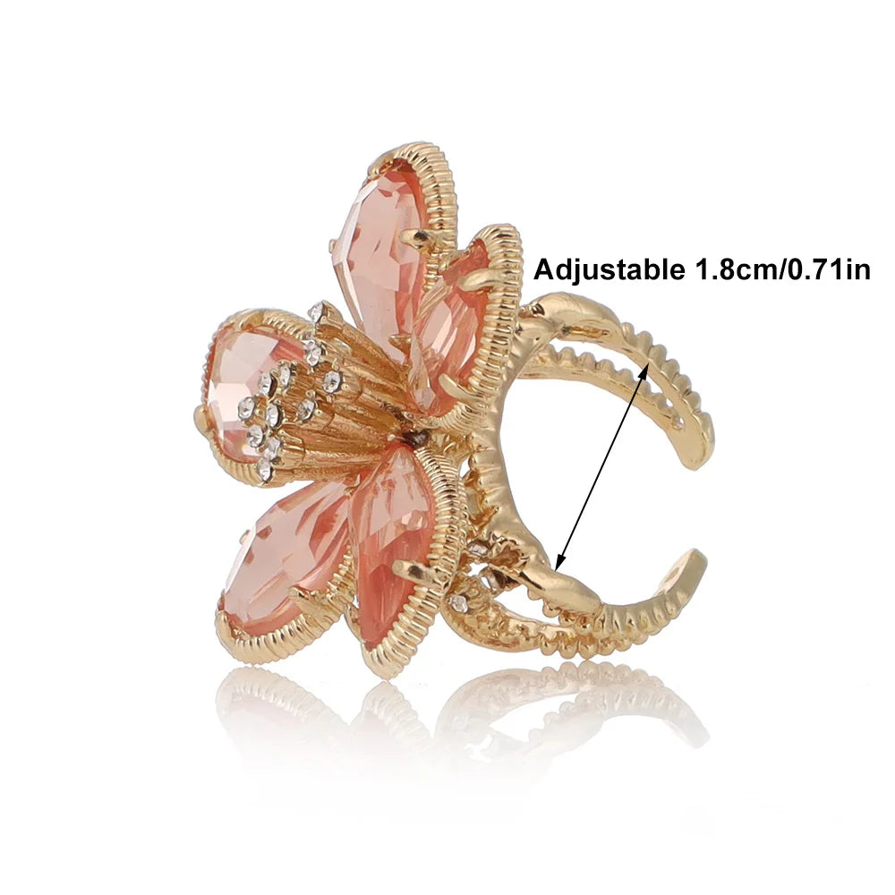 Personality Exaggerated Crystal Flower Ring Womanly Fashion Open Ring Women's Cocktail Party Luxury Jewelry Gifts Qme