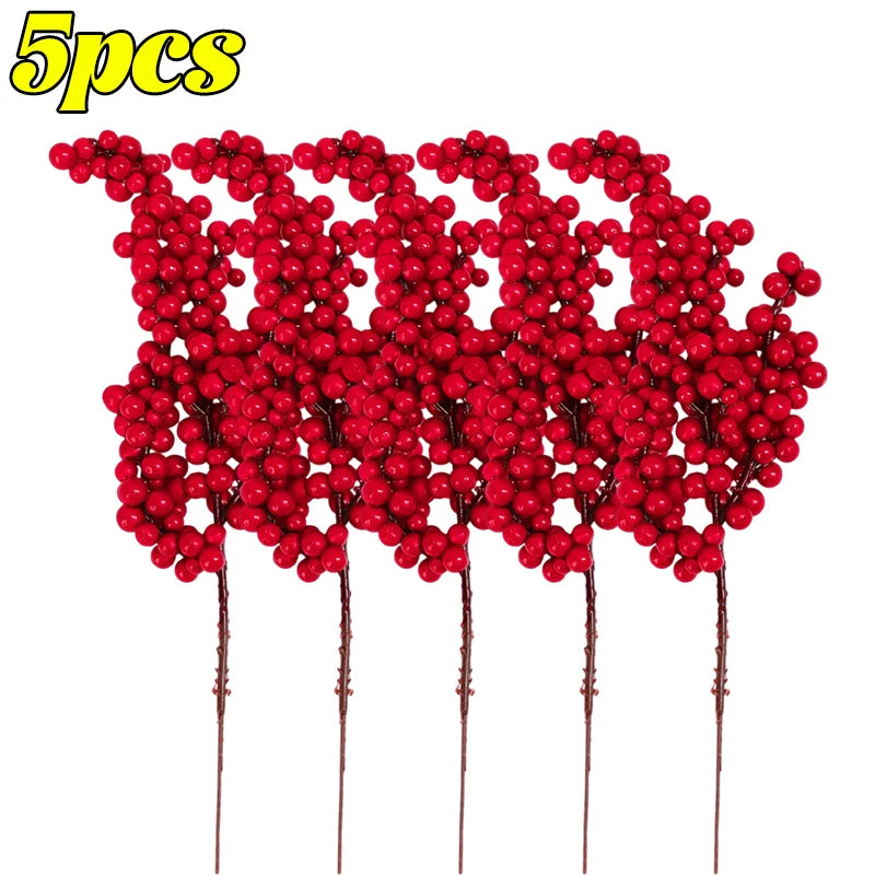 Artificial Berries Branches Christmas Red Holly Berry Stem DIY Flowers Simulation Plant Xmas Tree New Year Party Decor Ornaments Qme 5PCS
