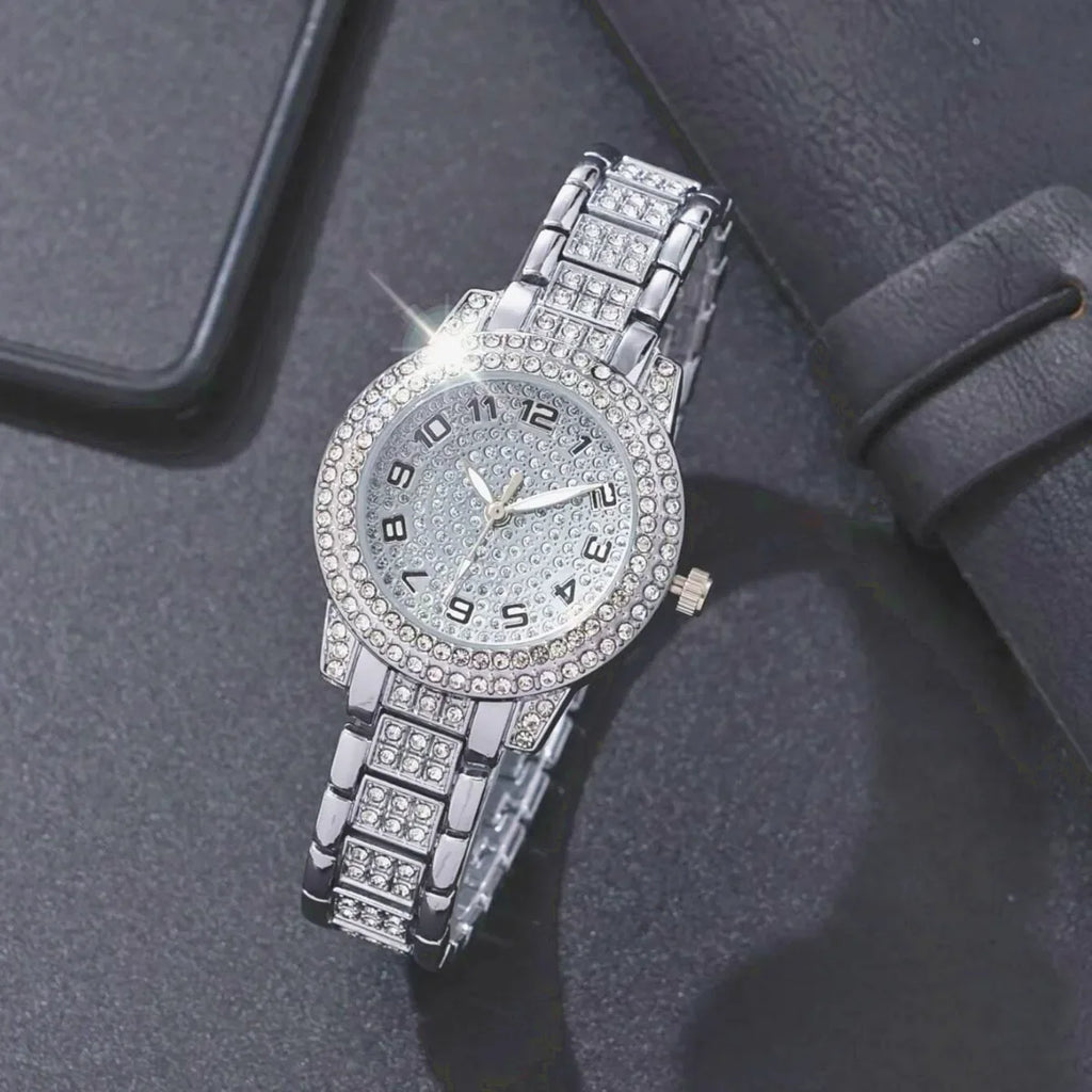 6-piece/set women's watch luxury rhinestone quartz watch hip-hop fashion watch and jewelry set, ideal choice for gifts Qme