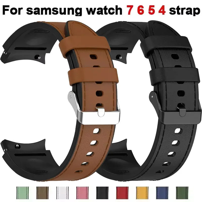 Silicone+Leather Strap For Samsung Galaxy Watch 7 6 4/5 Pro 40mm 44mm Band 6 4 Classic 47 43mm 46mm Replacement Correa Bracelet Qme