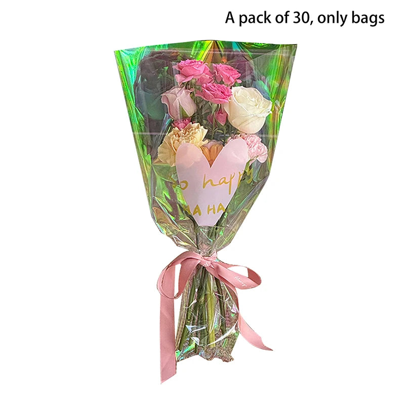 30PCS Love Heart Iridescent Single Rose Sleeves DIY Transparent Flower Wrapping Bag Floral Material Packaging Waterproof Qme L color