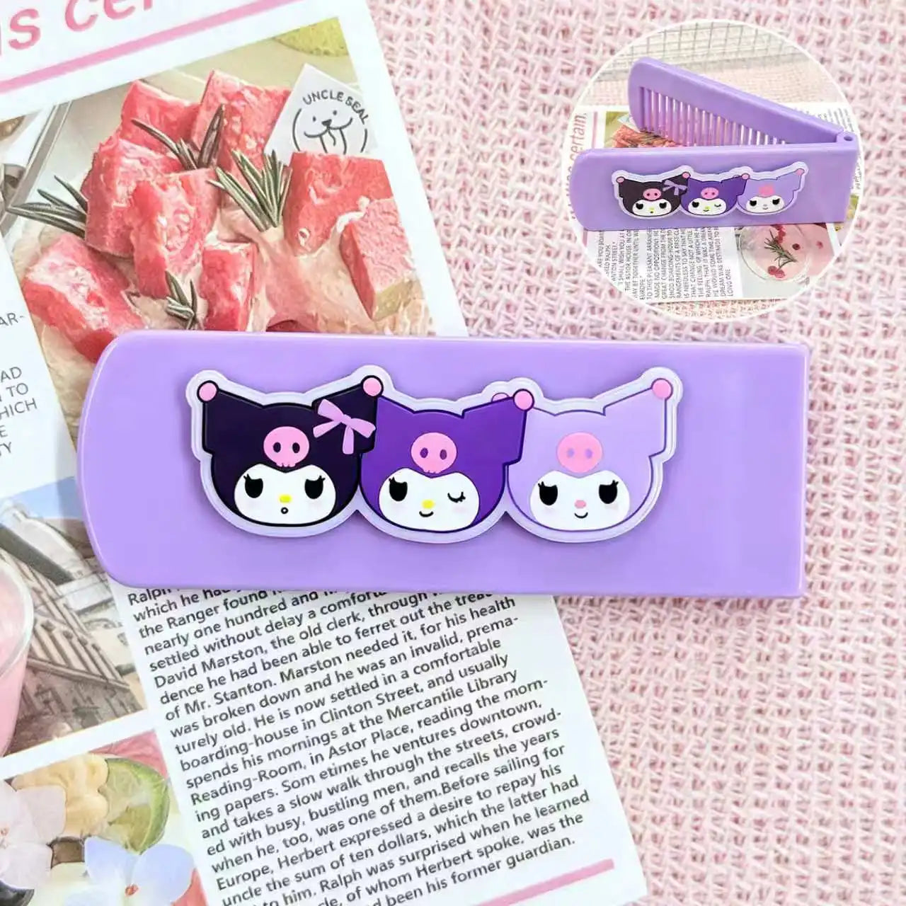 Cute Mini Hello Kitty Comb Cartoon-Style Folding Bangs Comb Portable Fine-Tooth Comb with Mirror Qme 1