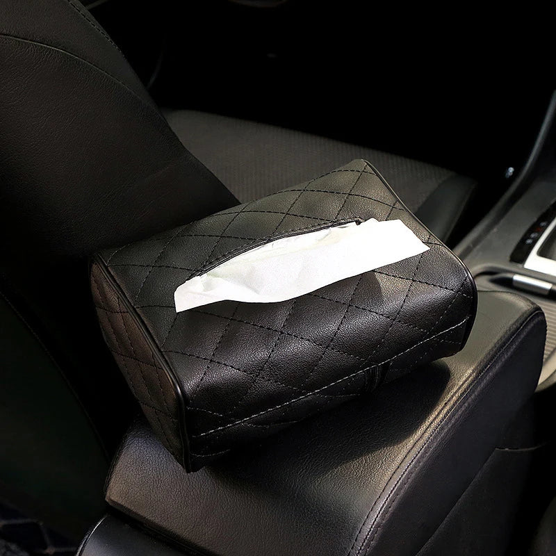 Solid Color Checkered Leather Wear-Resistant Tissue Box Car Seat Back Sunshade Hanging Tissue-Bag Buckle Strap Easy Installation Qme
