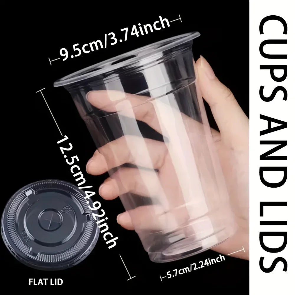 50pcs/Set 12/16OZ Plastic Cups With Lids Disposable Cups For Iced Coffee Smoothie Milkshake Cold Drinks Birthday Party Supplies Qme 16OZ 50 Sets