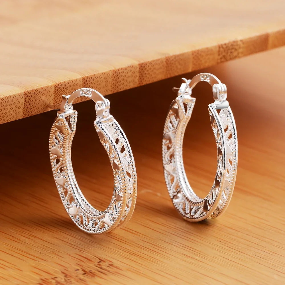 1Pair 925 Sterling Silver Earrings for Women Jewelry Exquisite Round Carved Wedding Heart Christmas Gifts Party Qme Default Title