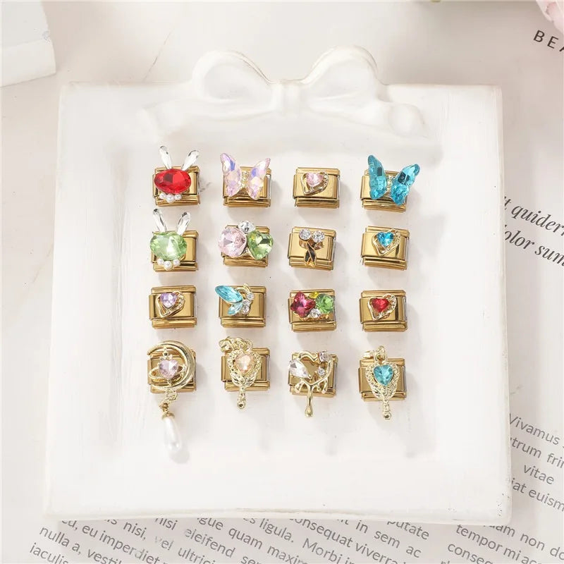 2026 Fashion Unique Colorful Luxury Gems Zircon Gold Color Italian Charm Links Fit 9MM Stainless Steel Bracelet DIY Making Gifts Qme