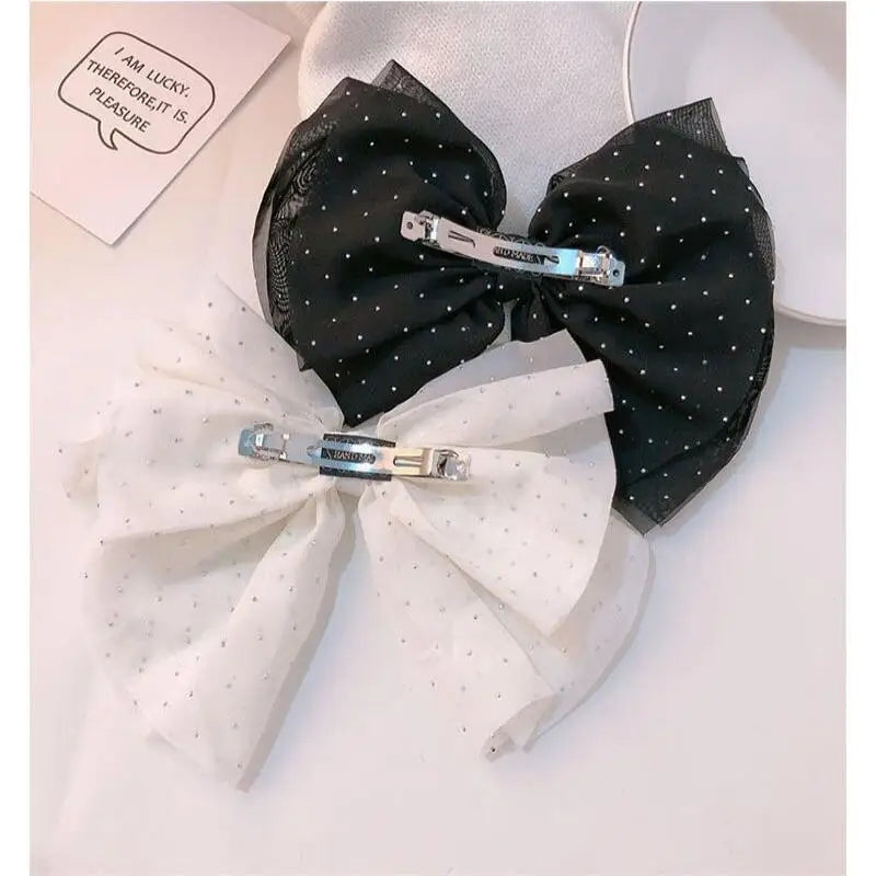 Elegant Temperament Mesh Hair Clip Woman Rhinestone Large Bow Hairpin Qme