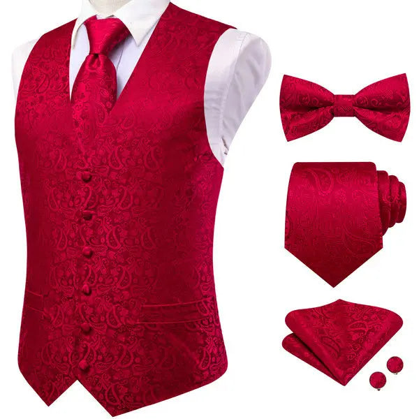 Men Red Pink Floral Paisley V Collar Waistcoat Full Business Party Qme HT-MJTZ0226 S