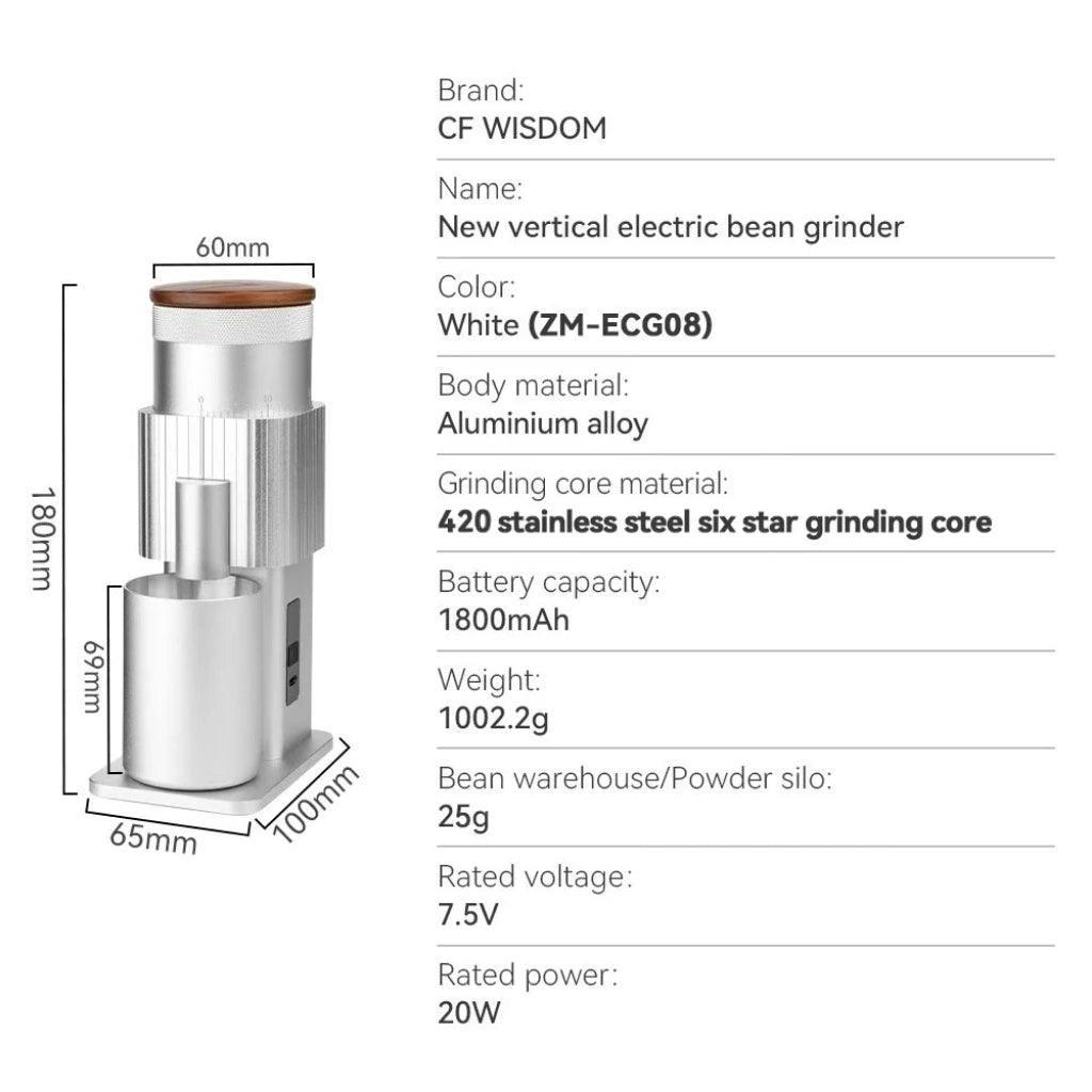 Portable Electric Coffee Grinder USB Rechargeable Adjustable Home Qme ZM-ECG08