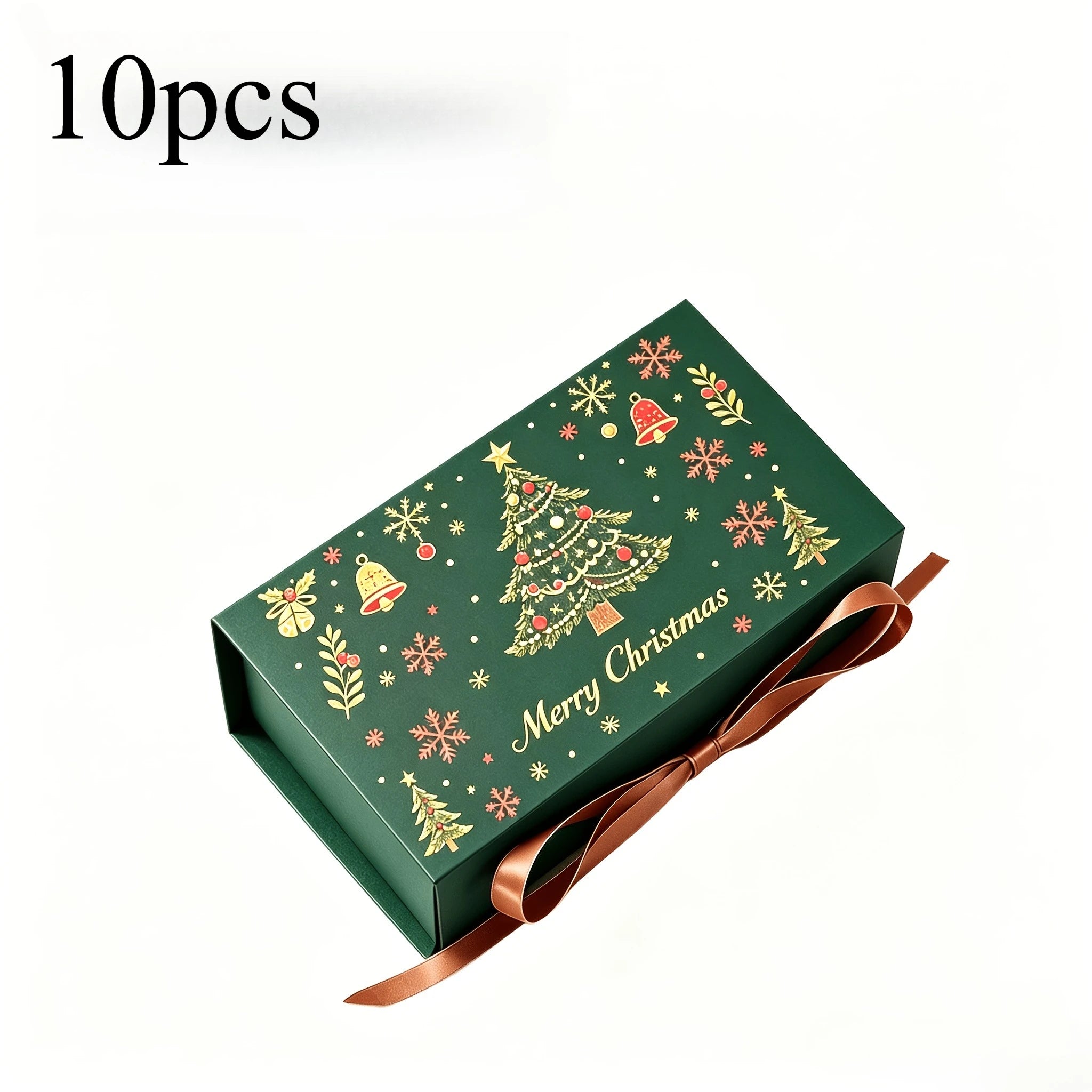 10pcs Merry Christmas Gift Boxes with Ribbon, Xmas Tree Snowflake Printed , Packaging Box for Holiday Biscuit Wedding Favor Qme 10pcs-Green Reference size char