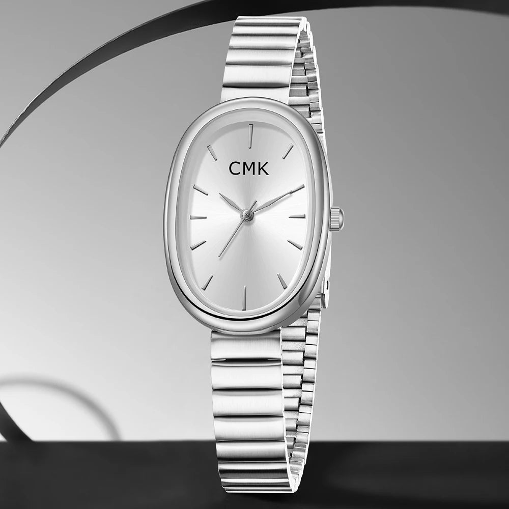 Oval thin steel strip women's quartz watch gold and silver minimalist luxury commuting watch Qme Silvery A