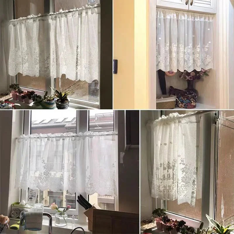 European White Lace Short Curtains for Kitchen Outdoor Patio & Balcony Decorative Window Drapes Qme