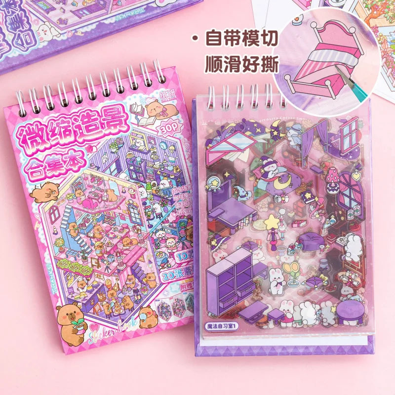20-Sticker Cute Animal Miniature Scenery Spiral Book, 10 Different Scenes, Stress-Relief Scenery Sticker Album Qme