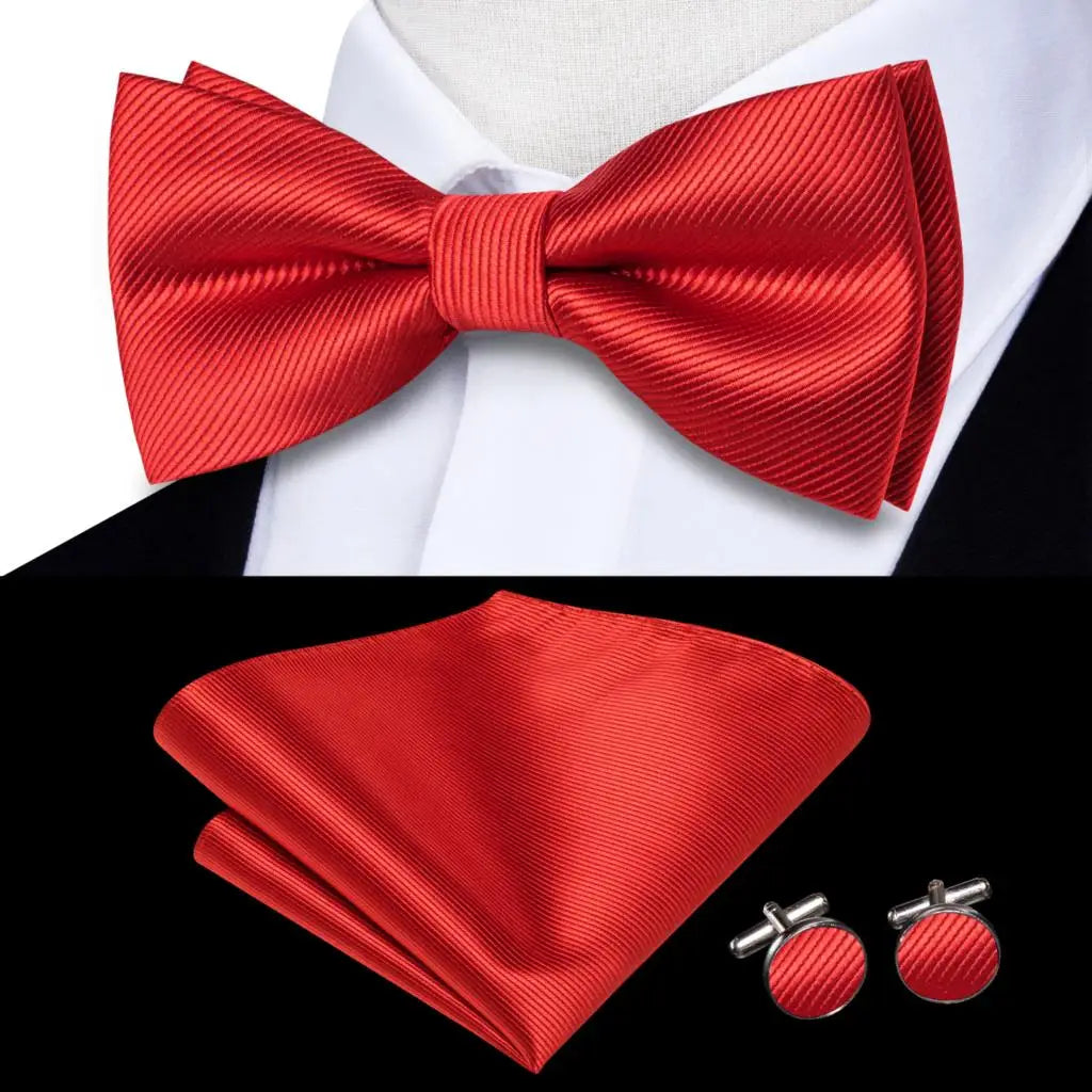 Rose Red Burgundy Maroon Silk Mens Bow Tie Hanky Cufflinks Set Jacquard Pre-tied Butterfly Knot Bowtie for Male Wedding Business Qme LDLH2504