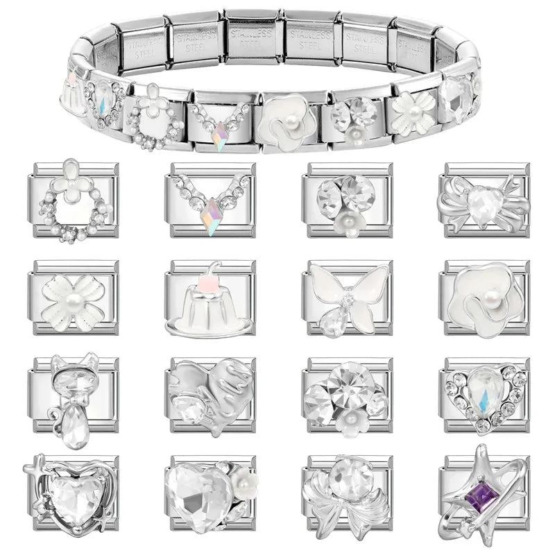 New Shiny Zircon Heart Bow Butterfly Bouquet Star Italian Charm Links Fit 9MM Stainless Steel Bracelet Girls' DIY Making Gift Qme