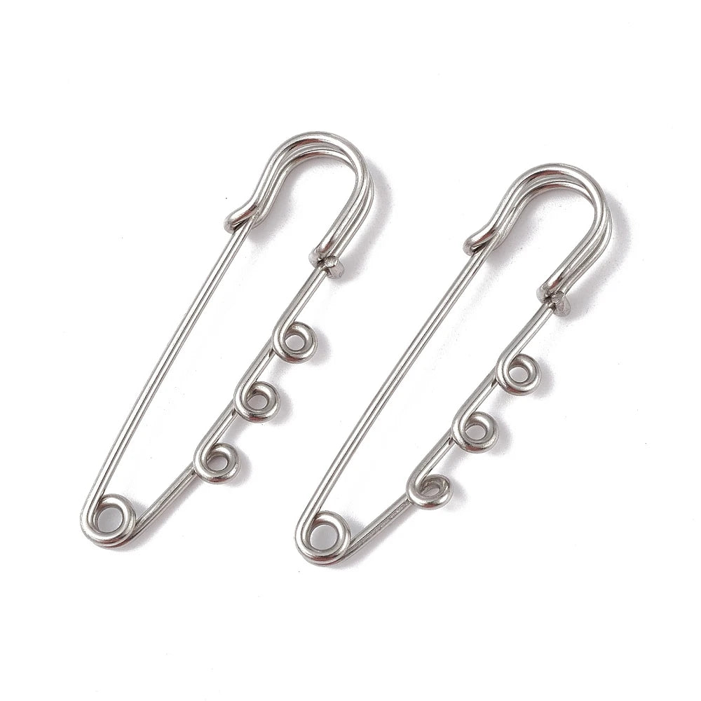 PandaHall 20pcs IP Plated 304 Stainless Steel Safety Pins, Triple Loop Brooch Findings 51x16x7mm, 1.3mm Pin for Lapel Pin Making Qme Silver
