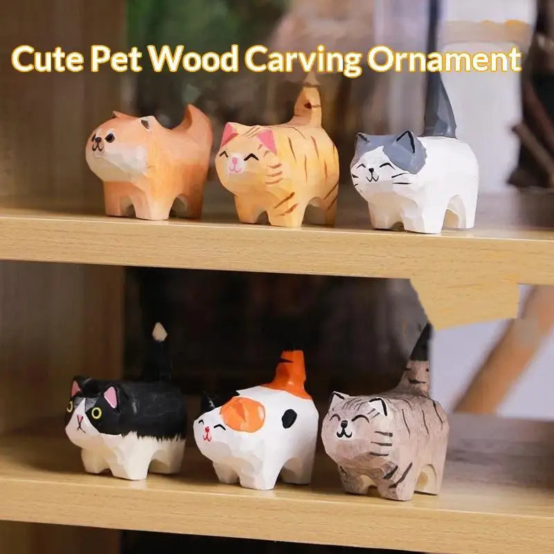 Carved Wooden Kitten Figurine Adorable Mini Cat Ornament Home Bedroom Qme