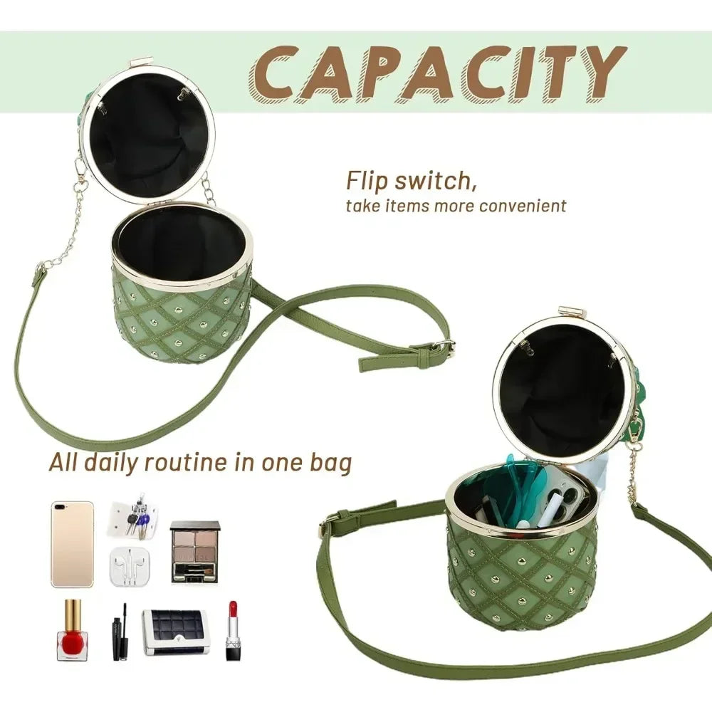 Women Pineapple-Shaped Crossbody Bag PU Leather Rivets Chain Strap Shoulder Bag Tote Novelty Handbags Summer Beach for Girls Qme