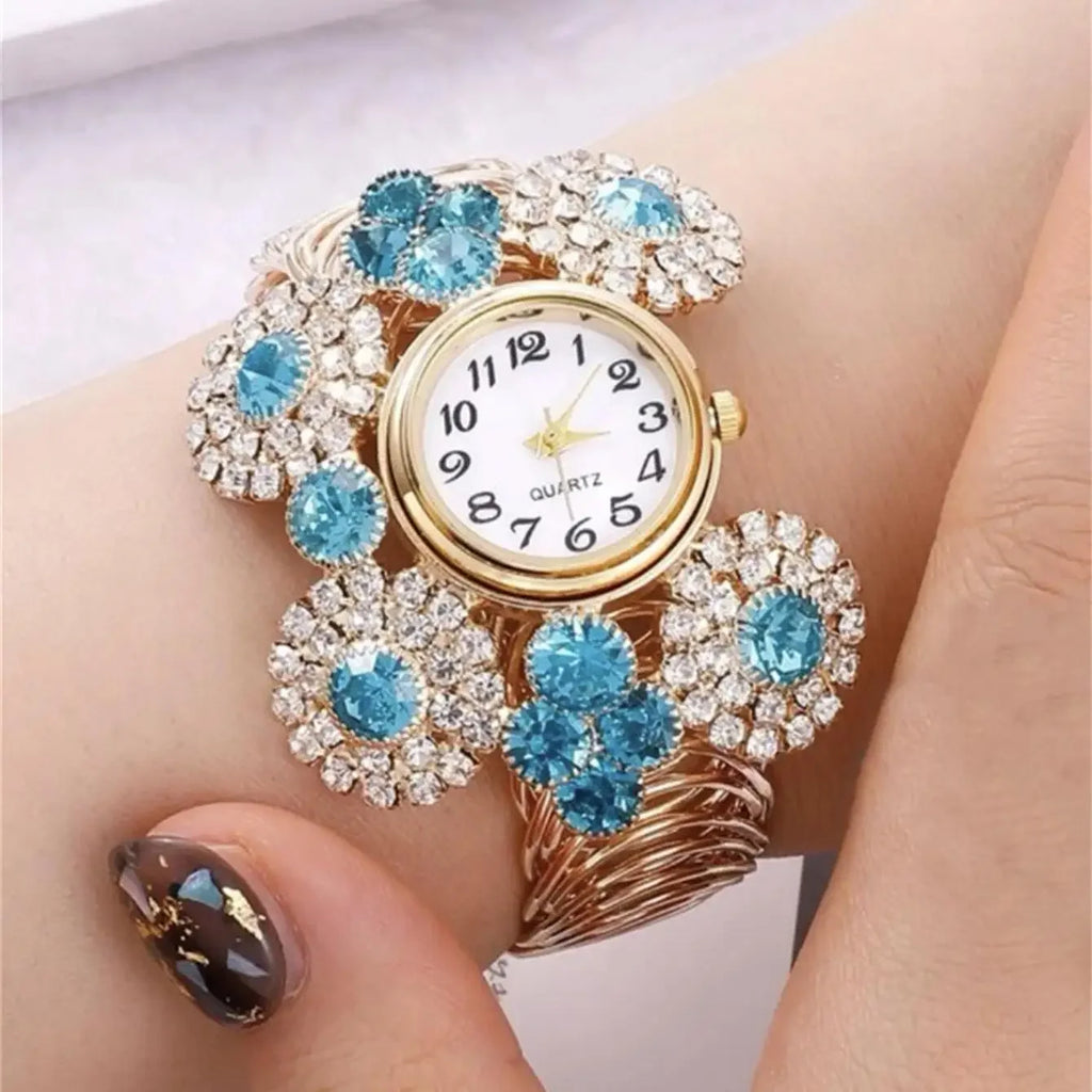 Rhinestone Flower Decor Quartz Bracelet Watch Boho Analog Cuff Bangle Dress Watch, Gift For Mother's Day Valentine's Day Qme SKY BLUE
