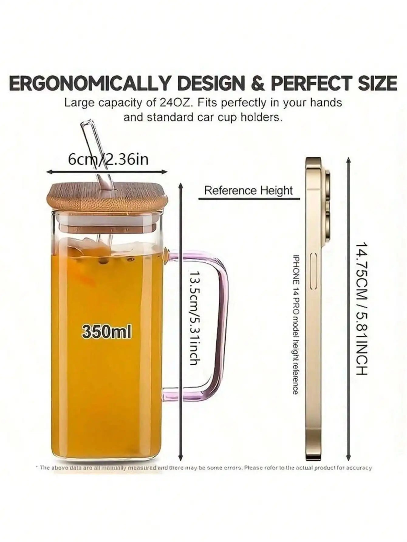 Bamboo Covered Straw Square Glass Cup Transparent Water Handle Iced Qme