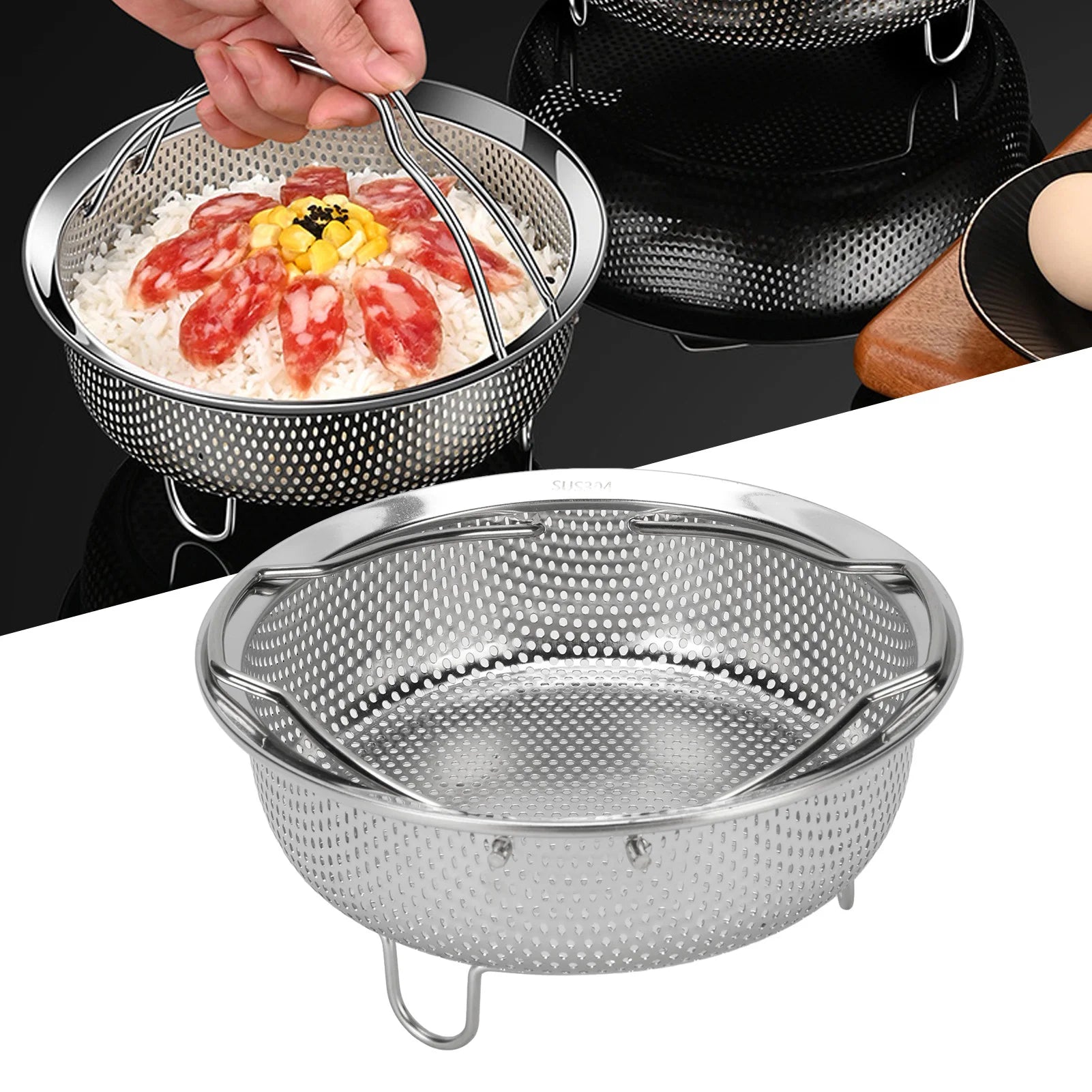 Steam Basket 304 Stainless Steel Rustproof Ergonomic Steaming Rack User Friendly Foldable Handles for Home Kitchen Rice Cooker Qme