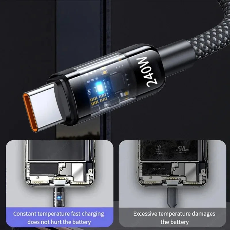 240W 10A Quick Charging USB C Cable Nylon Braided Transparent Type C High-speed Charger Wire for Samsung Huawei Xiaomi Data Line Qme