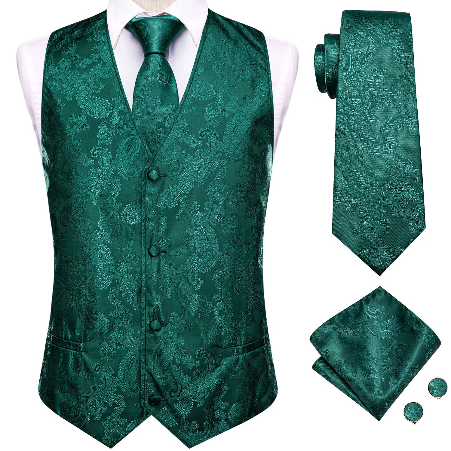 Hi-Tie Silk Mens Suit Vests 4PC Woven Paisley Champagne Waistcoat Tie Pocket Square Cufflink Business Wedding Dress Waist Jacket Qme