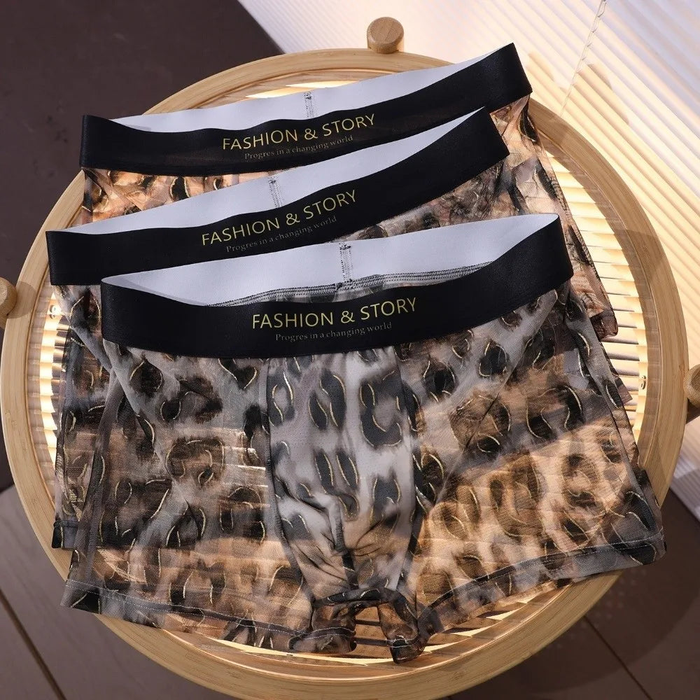 Cool Leopard Print Men's Ice Silk Boxer Underwear Ultra Thin Mesh Qme