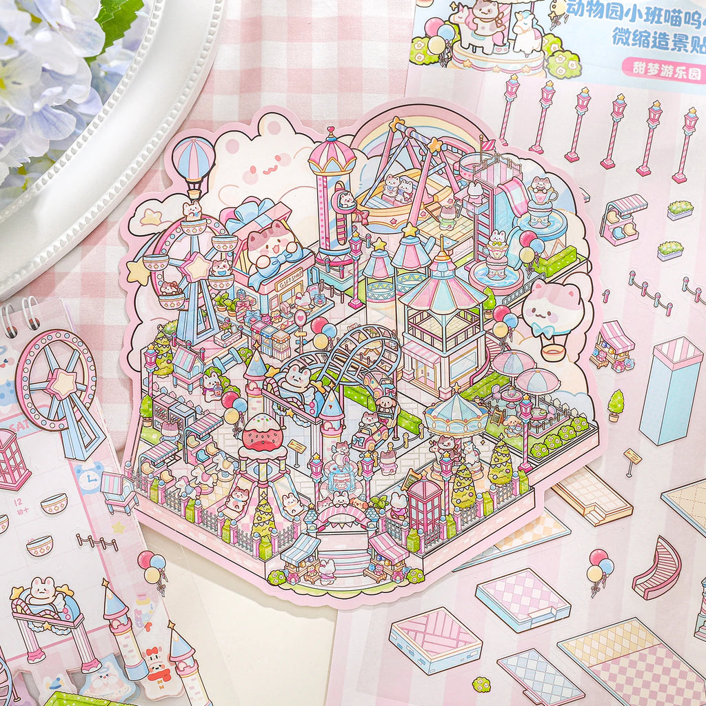3D Cartoon amusement park Scene Landscaping Stickers DIY Cabin Scene Stacking and Pasting Hand Account Cute Gift for Kid Child Qme