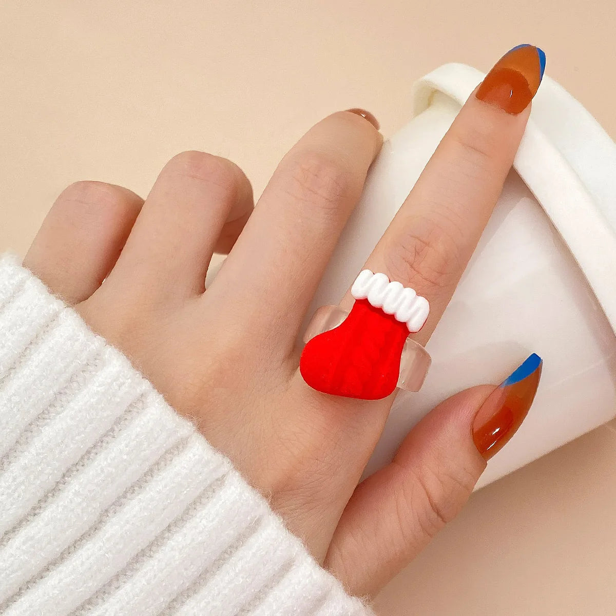 Cartoon Christmas Ring for Women Kid Cute Elk Snowman Star Tree Pendant Finger Ring Hand Party Jewelry New Year Friendship Gift Qme 7 Size 7