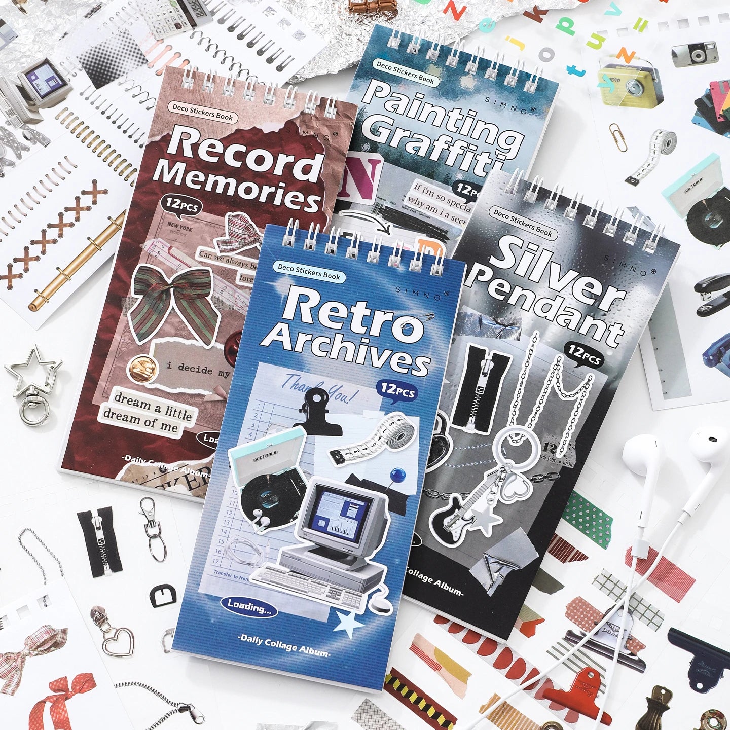TIANZI 12/24pcs Die-Cut Sticker Book Vintage Letter & Metal Clip Theme Glitter Matte Glossy Finish School Stationery Supplies Qme ABCD