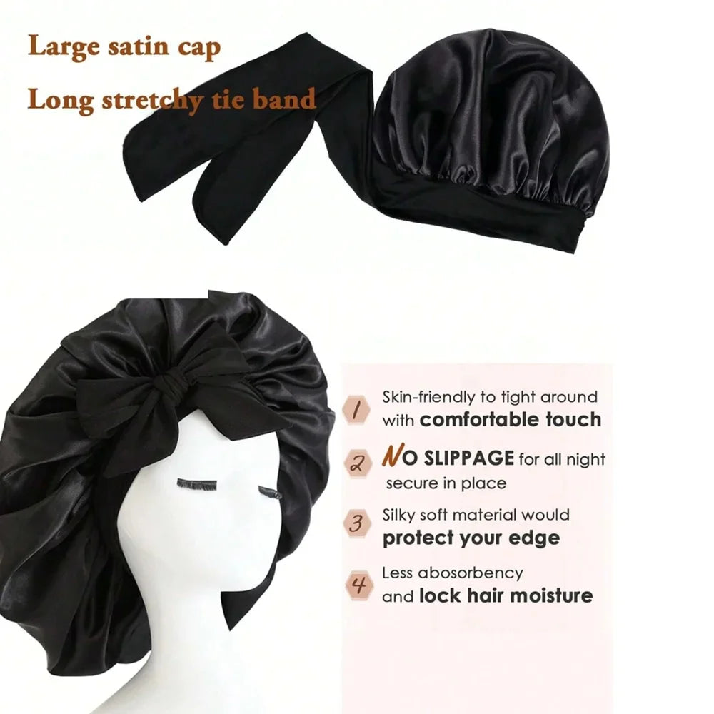 Satin Solid Hair Dye Cap With Stretchy Tie Band Elastic Night Shower Cap Adjustable Hair Head Cover Bonnet Turban For Women Men Qme
