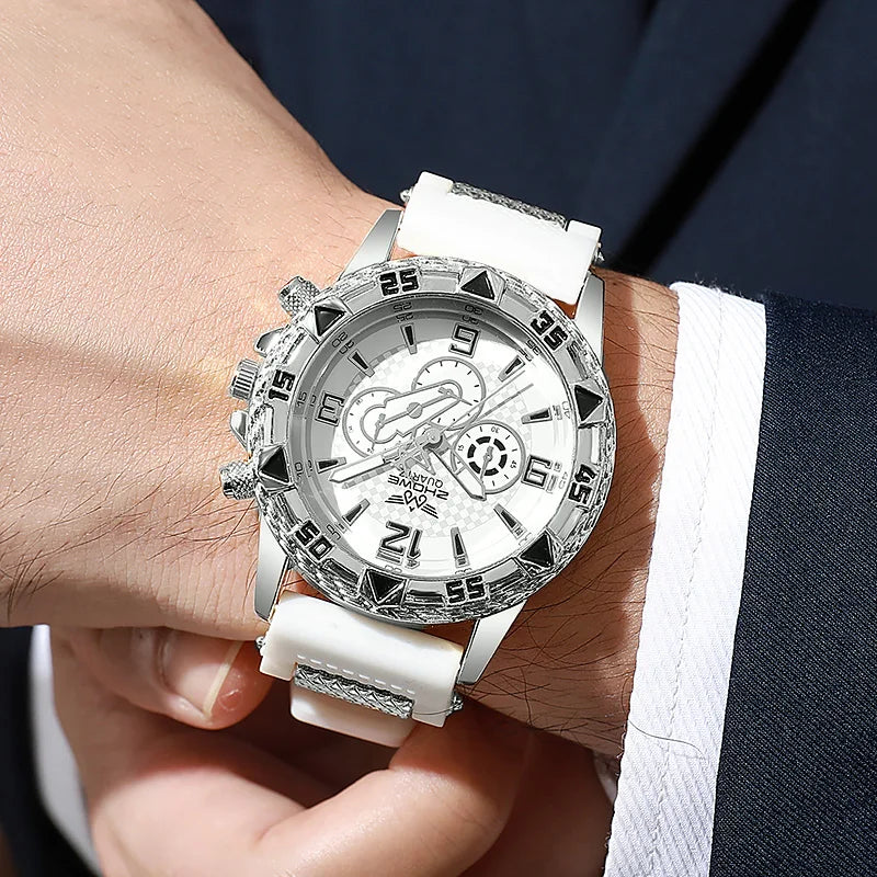 Três Eye Mixed Bar Scale Dial, refinado Silicone Quartz Watch, negócio elegante Qme 3
