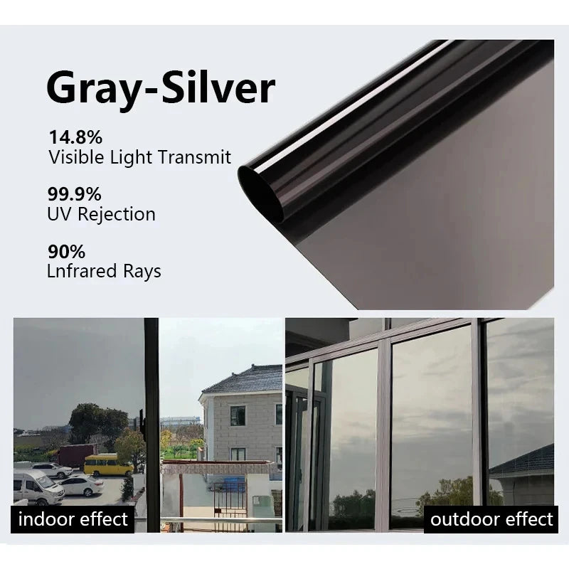 House Window Tint Privacy Film Anti Look Vinyl Mirror Foil Non Adhesive Car Glass Screen Stickers Rolls Heat UV Protection Tools Qme Nano Grey Silver 70cmx300cm