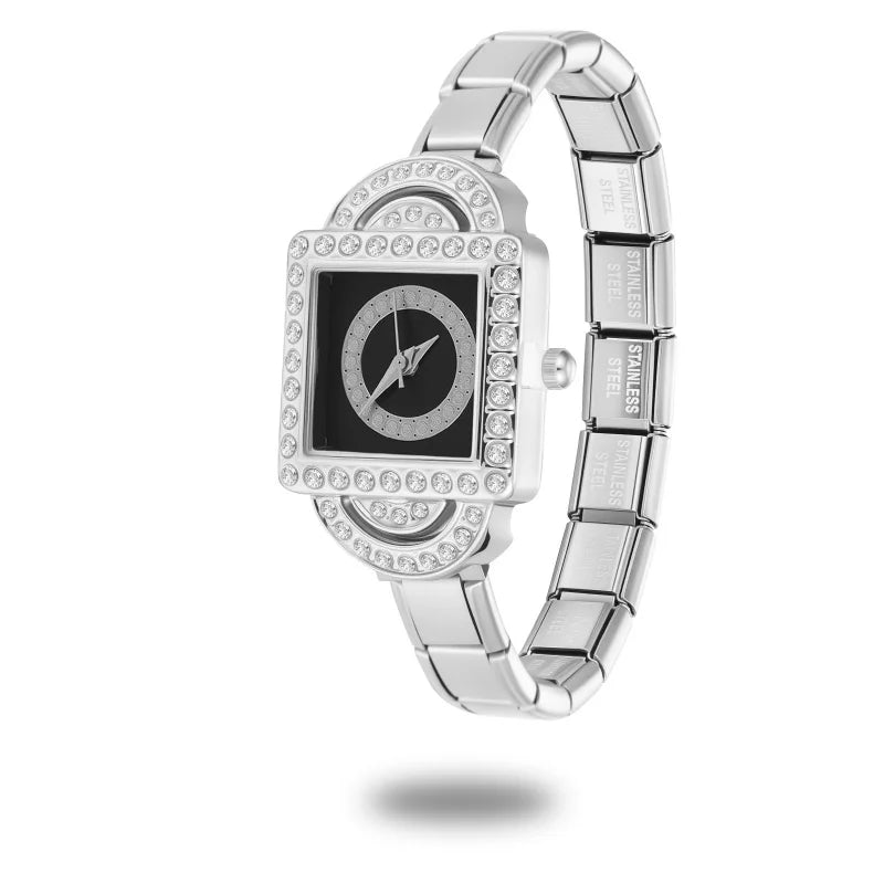 Fashion Women's Men's DIY 9mm Width Italian Elastic Charm Stainless Square Shiny Zircon Watch Bracelet Bangle For Birthday Gifts Qme Style 38