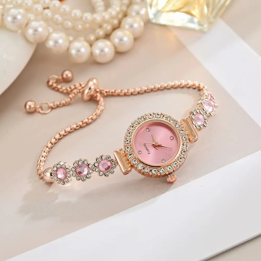 Fashion Rhinestone Women Watches Diamond Flowers Bracelet Ladies Quartz Wristwatch Qme Pink