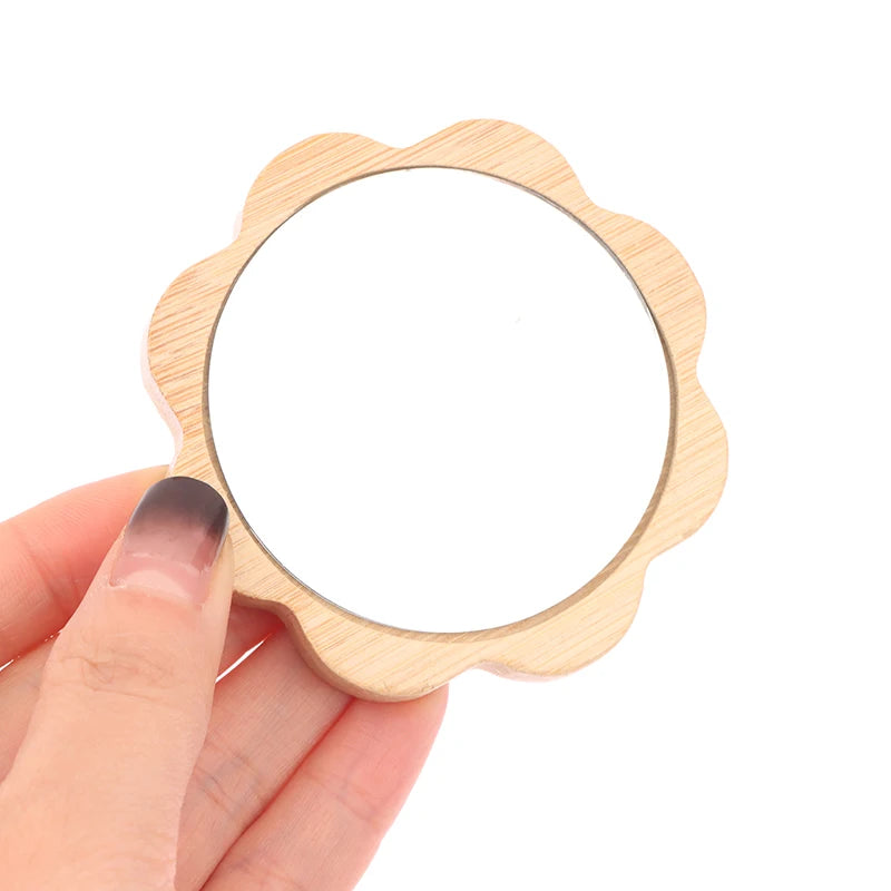 Hand-held Beauty Makeup Mirror Small Round Mirrors Simple Wooden Qme
