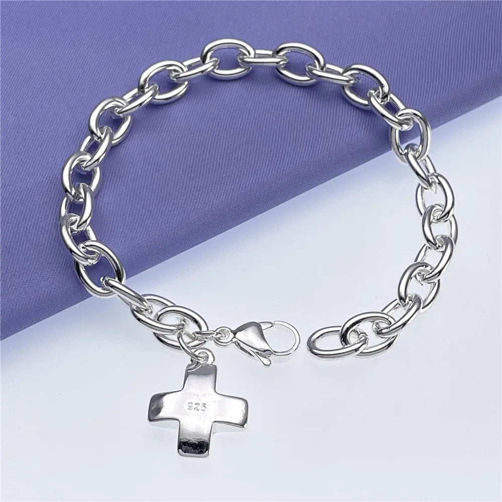 925 sterling Silver unique cross Bracelets for Women fashion Costume Jewelry 20cm 8inch Wedding accessories Christmas Gifts Qme