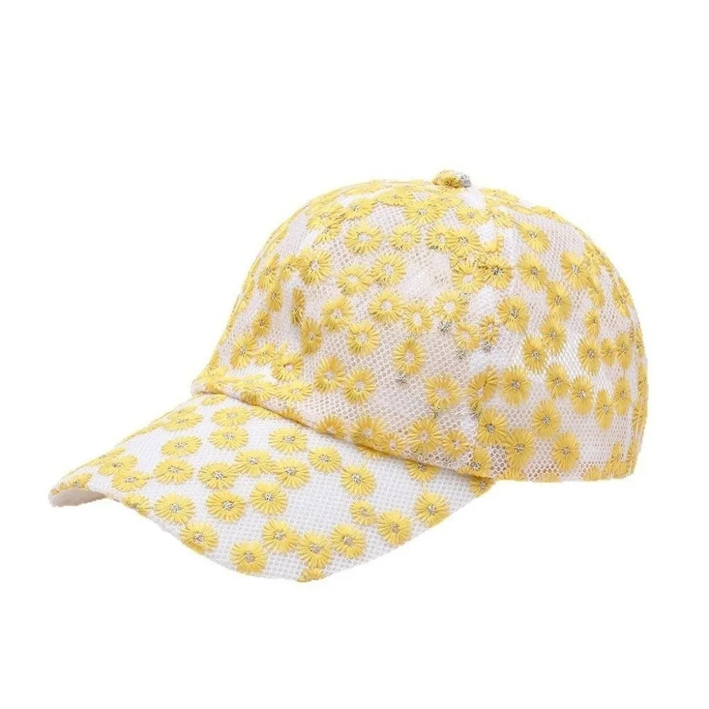 Casual Embroidered Flower Baseball Cap Adjustable Breathable Visors Qme Yellow