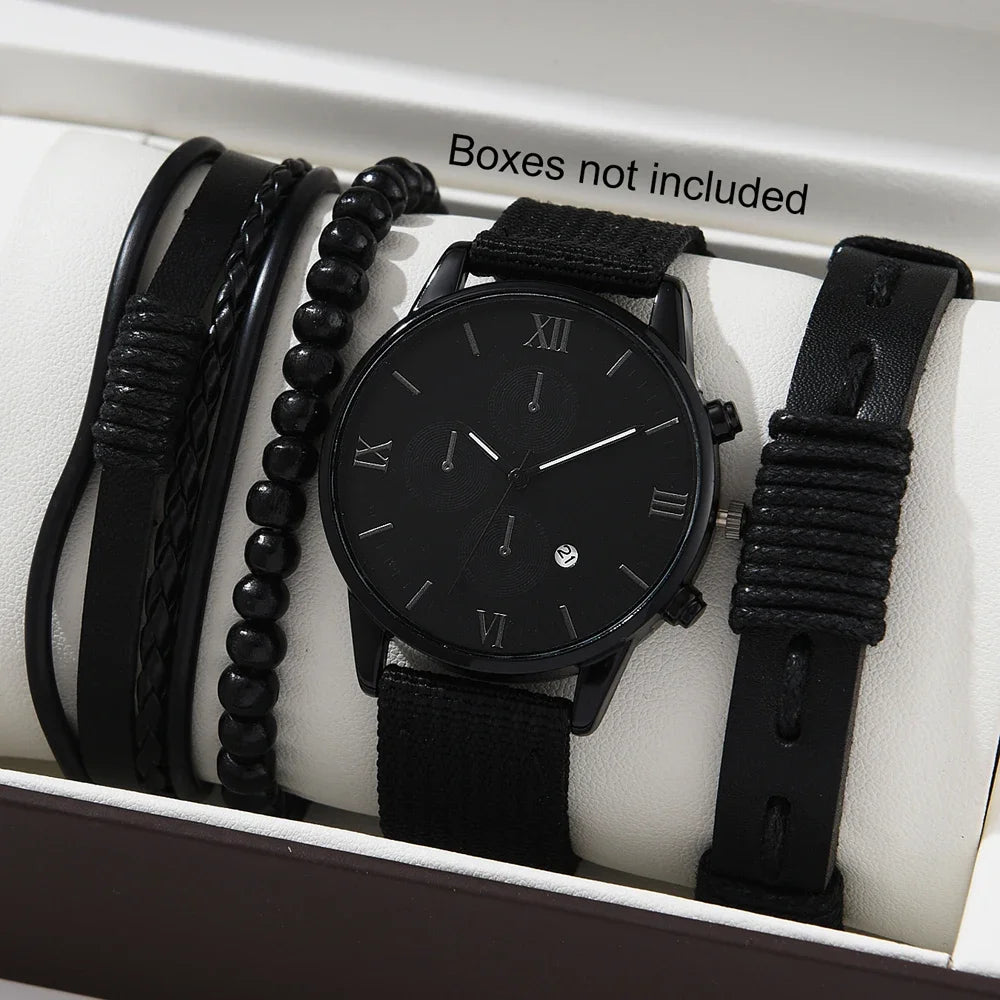New Men's Watch Luxury Bracelet Set Multi Pieces Fashion Business Black Leather Quartz Watch Gift Box for Men Reno Masculino Qme A