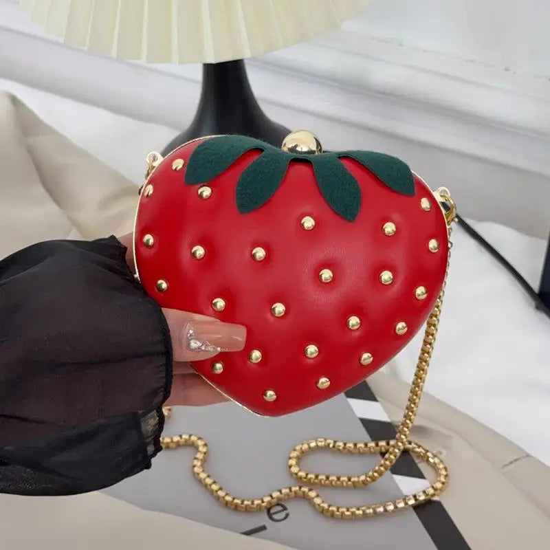 Red Leather Strawberry Crossbody Bag With Gold Studs And Chain Strap Perfect For Daily Outings Parties Teen Girls Qme